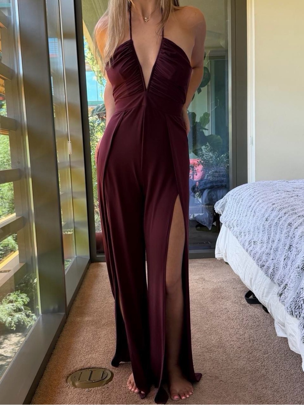 Katie May Never Cross Split Leg Maroon Jumpsuit